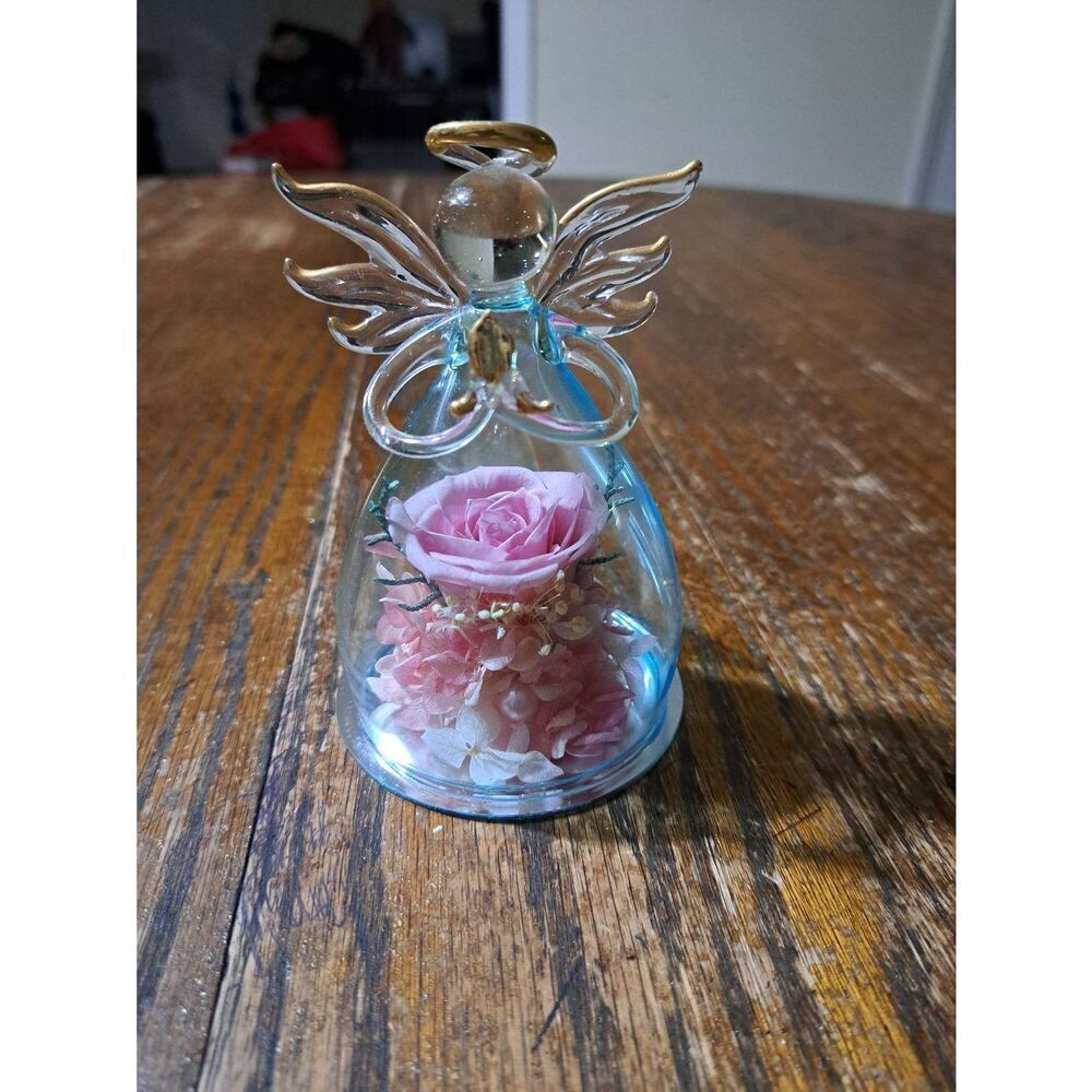 Glass Angel Gold Trim Pink Silk Forever Flowers and Beads with Mirror Base